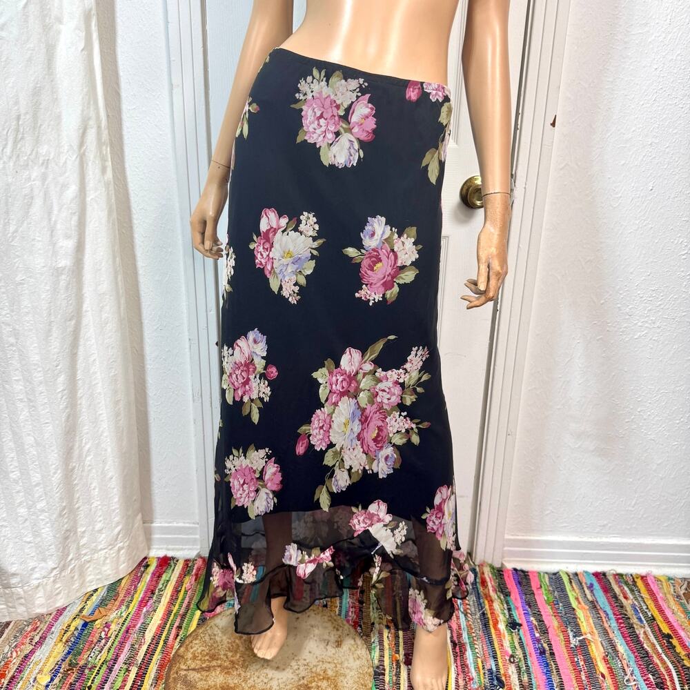 Plus Size Black Pink Floral Chiffon Maxi Skirt 20W Asymmetrical Hem Feminine